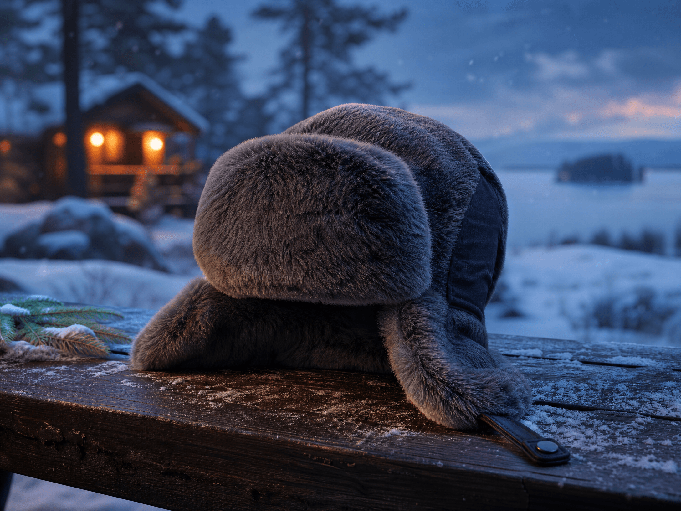 Ushanka 俄羅斯雷鋒帽放在雪地木椅上的冬季封面,呈現耳罩與人造防兔毛材質的保暖輪廓