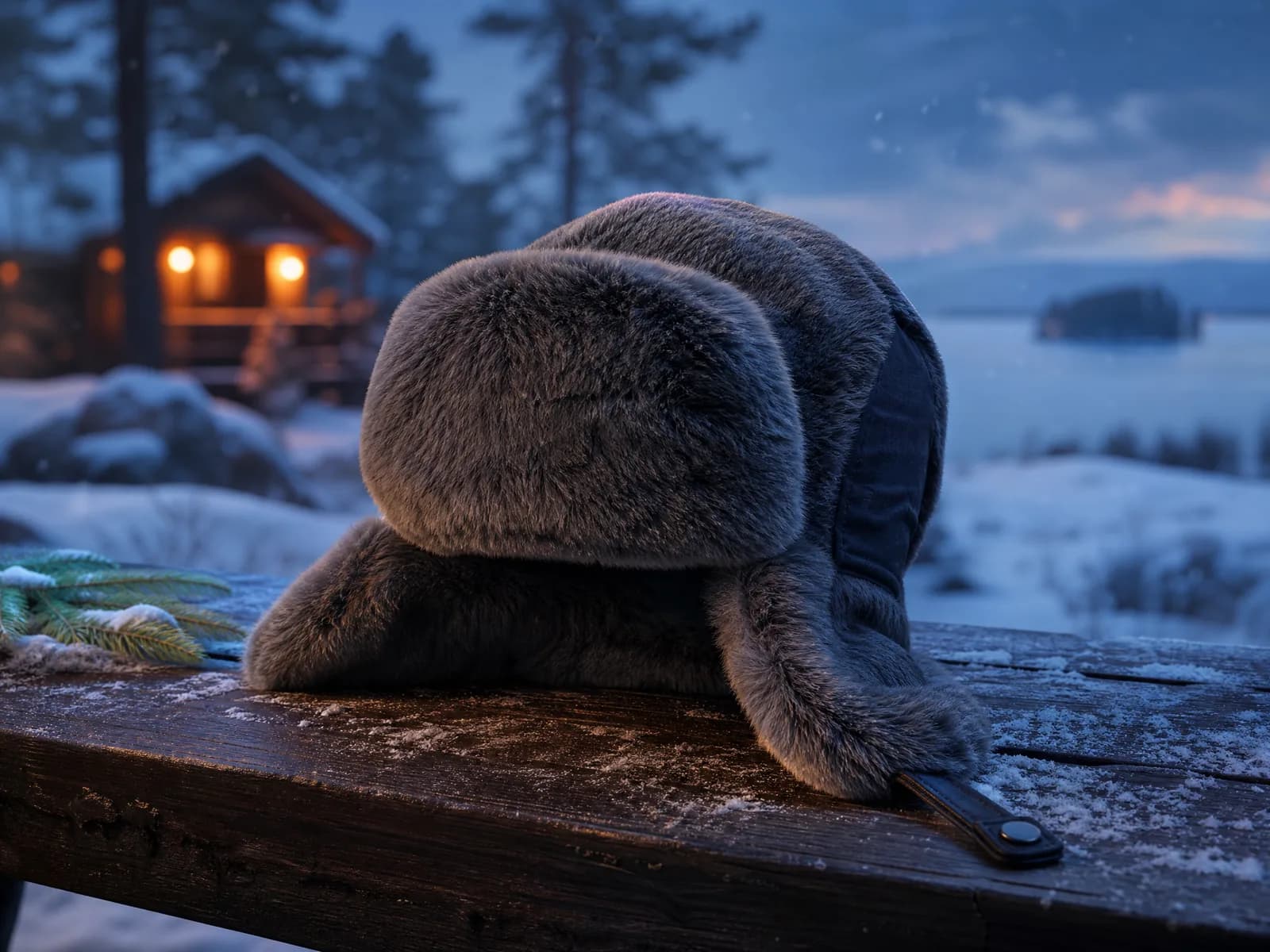 หมวก Ushanka รัสเซียขนเทียมสังเคราะห์วางบนม้านั่งไม้ที่ปกคลุมด้วยหิมะในบรรยากาศฤดูหนาว